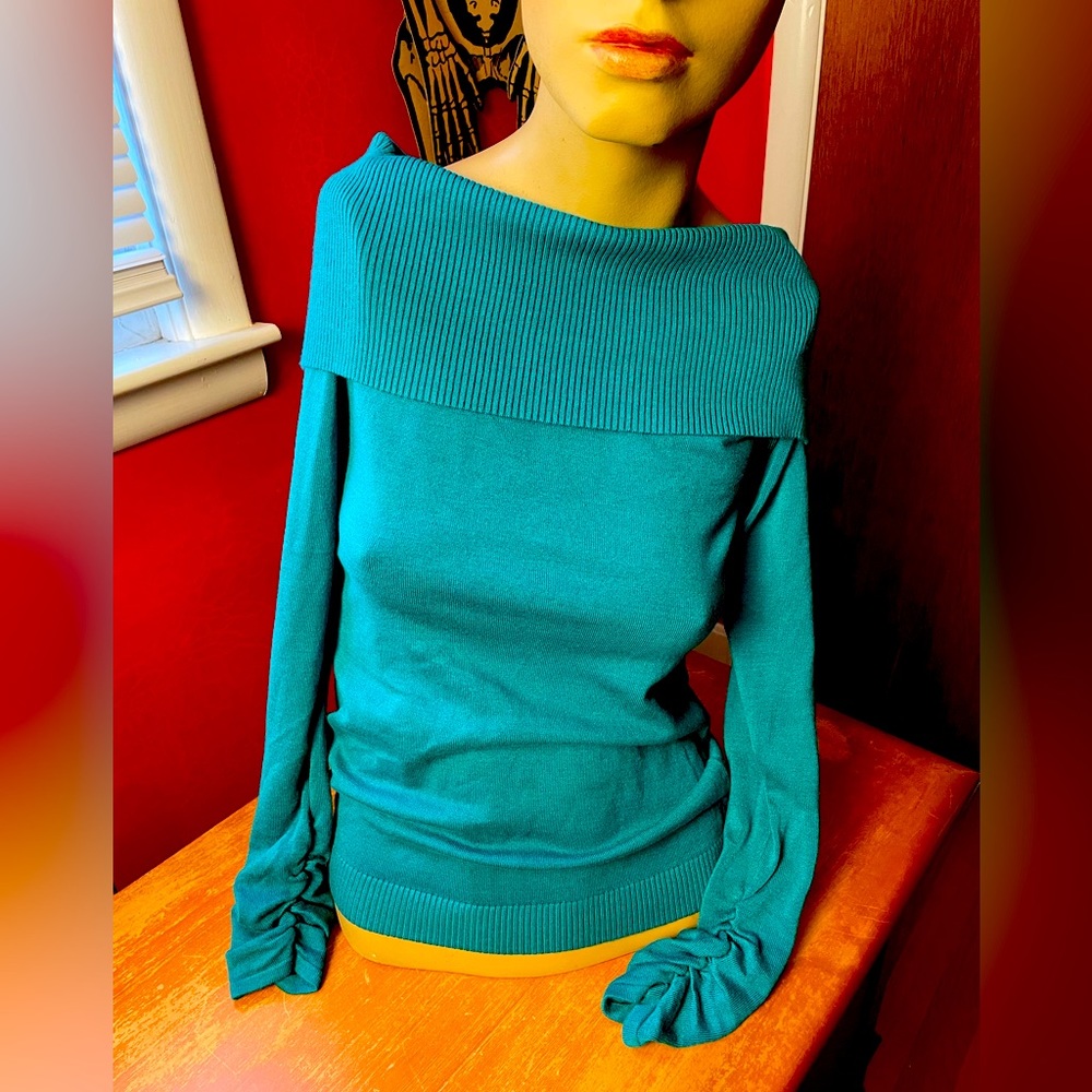 Off the Shoulder Turquoise Blue-Green Sweater